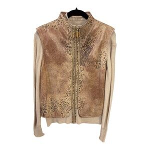 NWOT St John Sport Animal-Print Leather Zip Front Vest Knit Sweater Sz L
